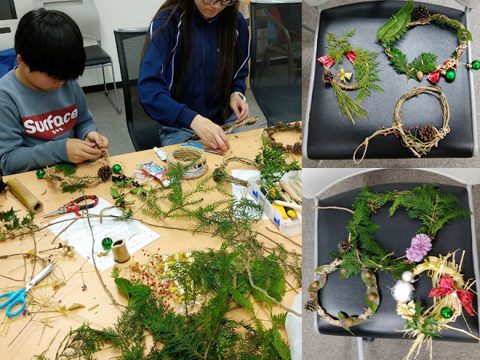 12/14はクリスマスリースの材料集めと制作、畑での収穫など